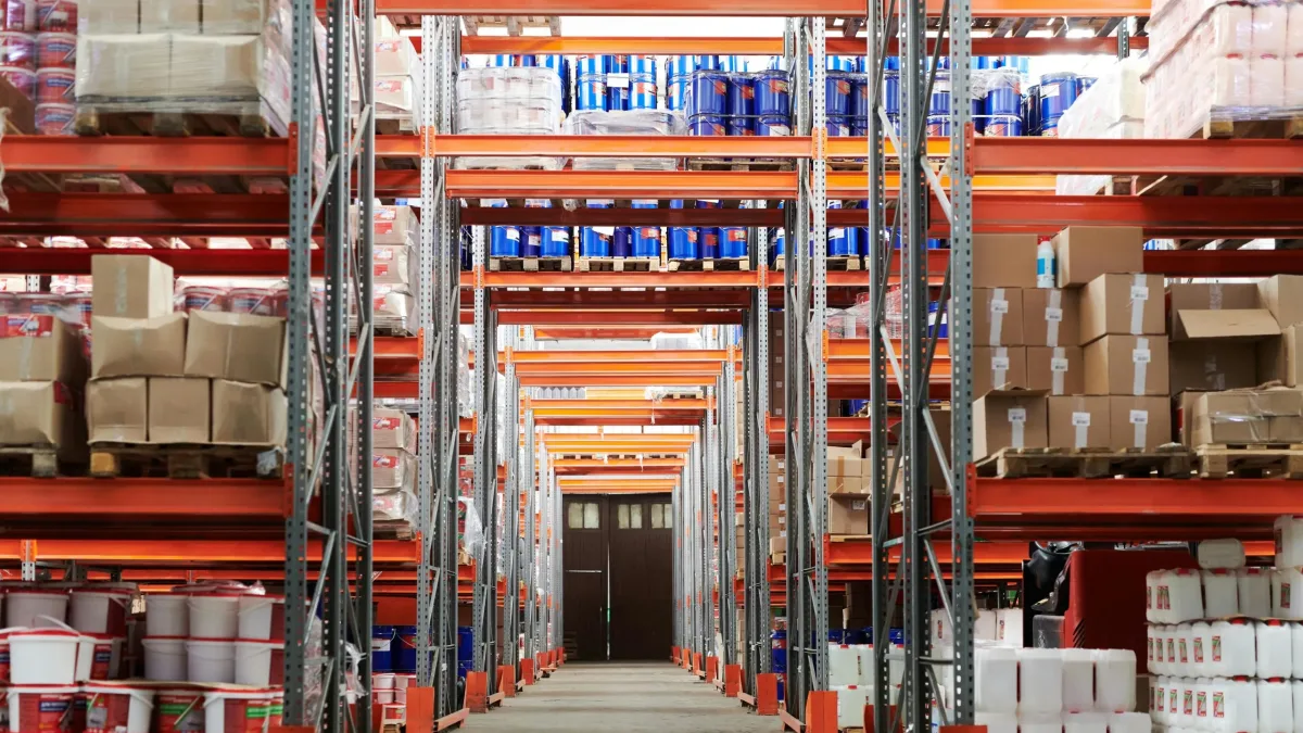 Warehouse setting, Rows of goods on racking